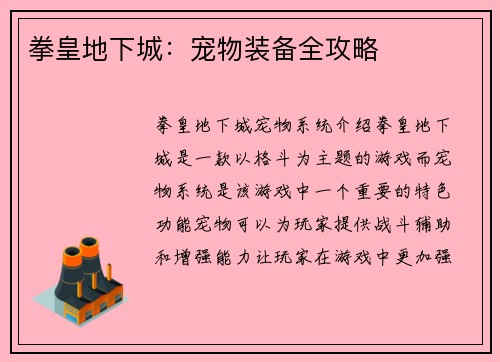 拳皇地下城：宠物装备全攻略